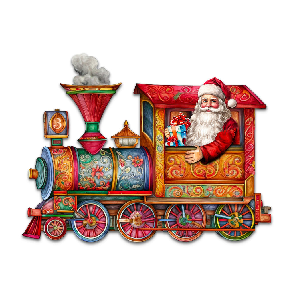 Santa train door decoration, front view, with snowman smokestack and gift window
