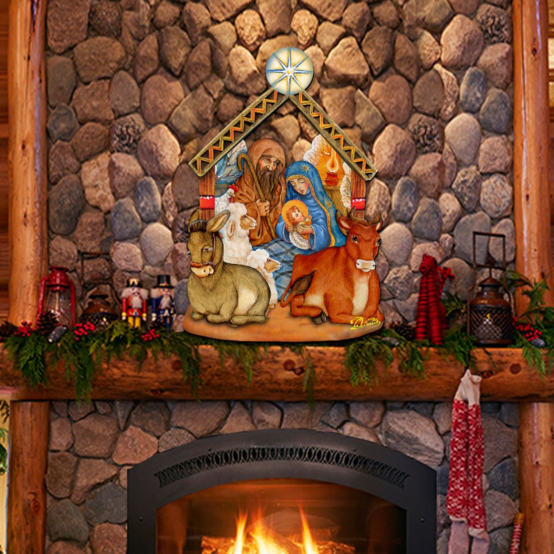 Nativity wooden door decor with manger scene, animals, Mary and Joseph, and star ornament