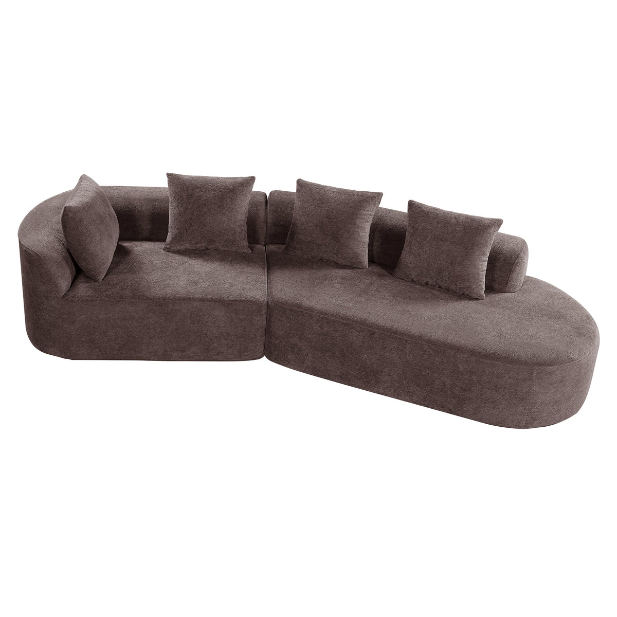Brown curved sectional sofa with rounded chaise end and five square throw pillows