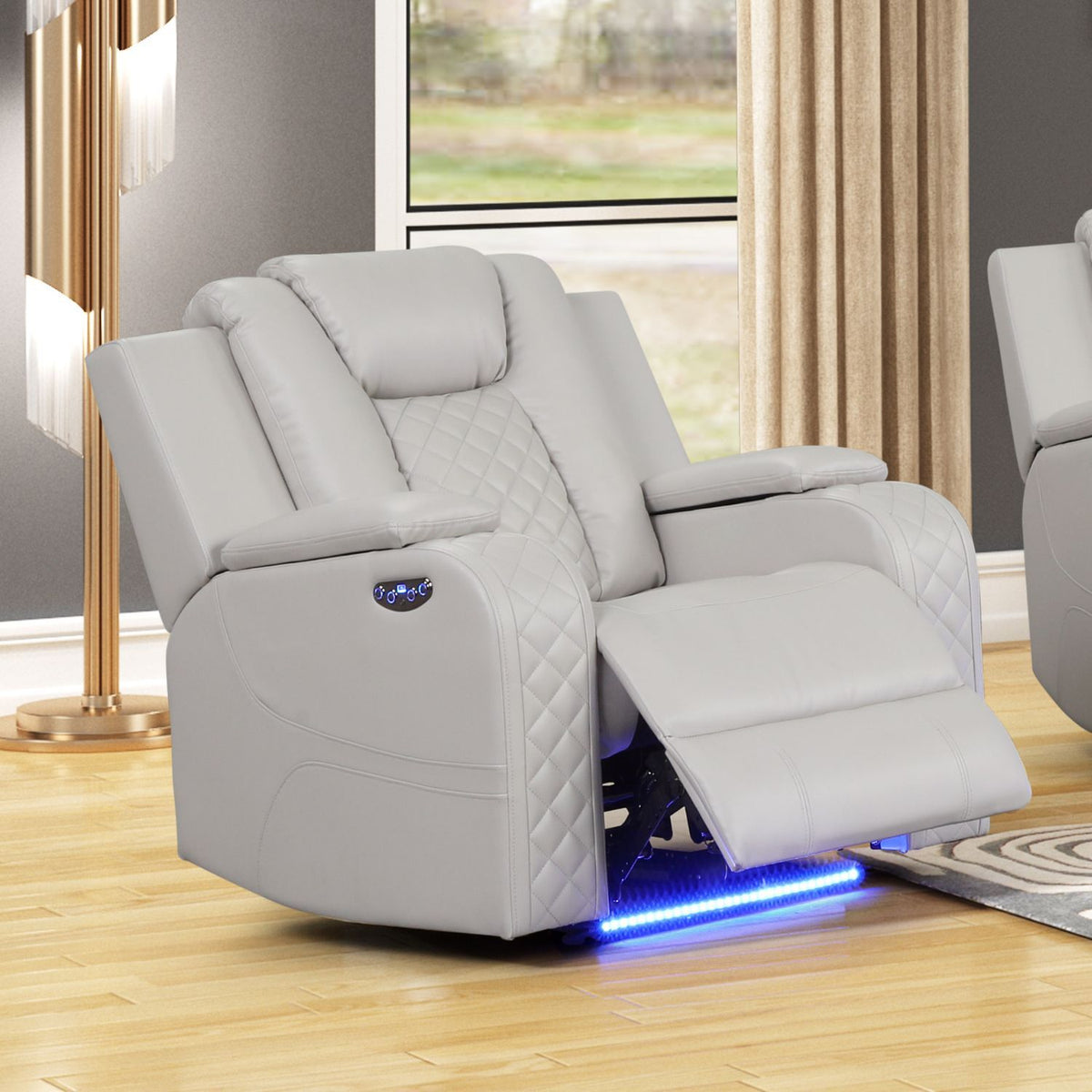 Beige LED power recliner chair with blue LED light strip and side storage-control panel