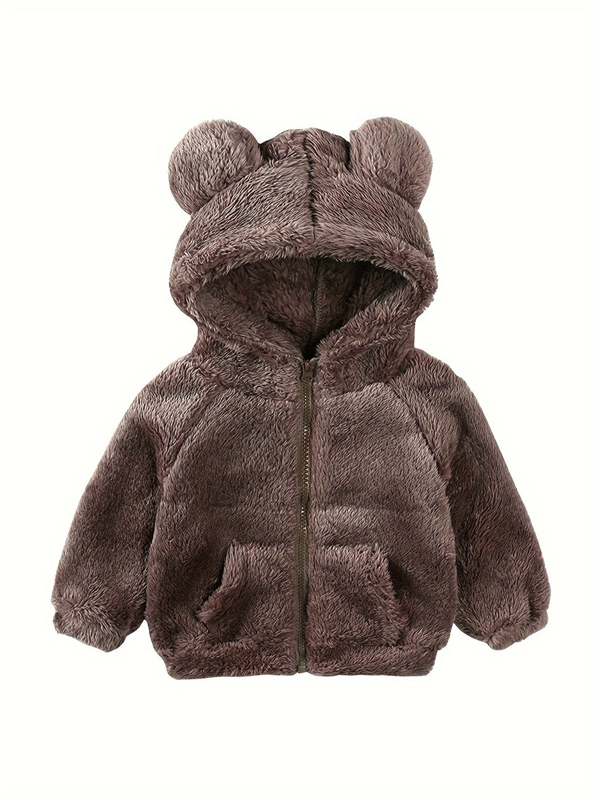 Baby girl fuzzy hooded jacket in taupe-brown plush with bear-ear hood and front zipper