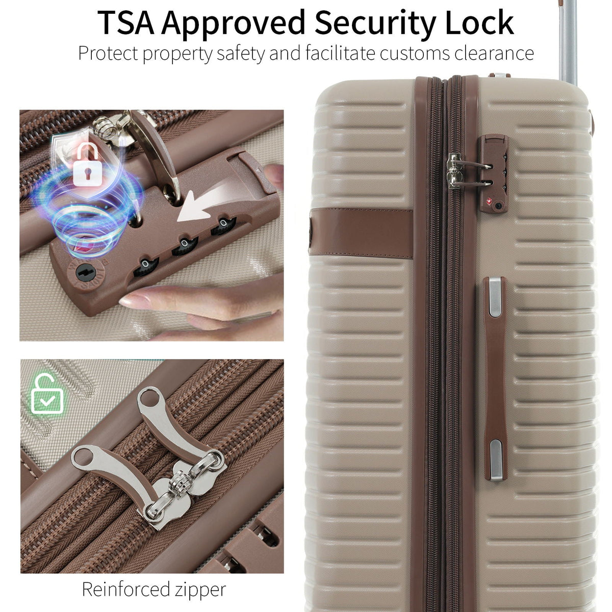Hard-shell rolling suitcase with beige shell and brown center divider with security lock