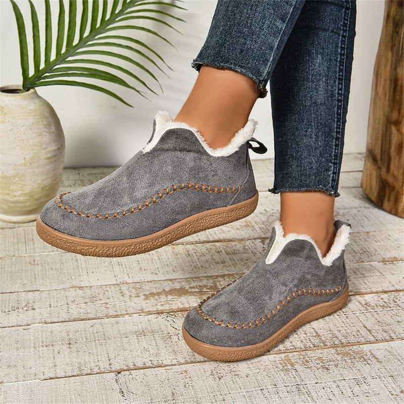 Women’s plush V-cut ankle boots, gray suede with white faux-fur trim and stitching