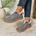 Women’s plush V-cut ankle boots, gray suede with white faux-fur trim and stitching