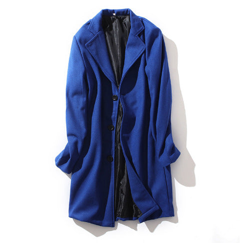 Men's mid-length wool coat in royal blue with notch lapels and button front