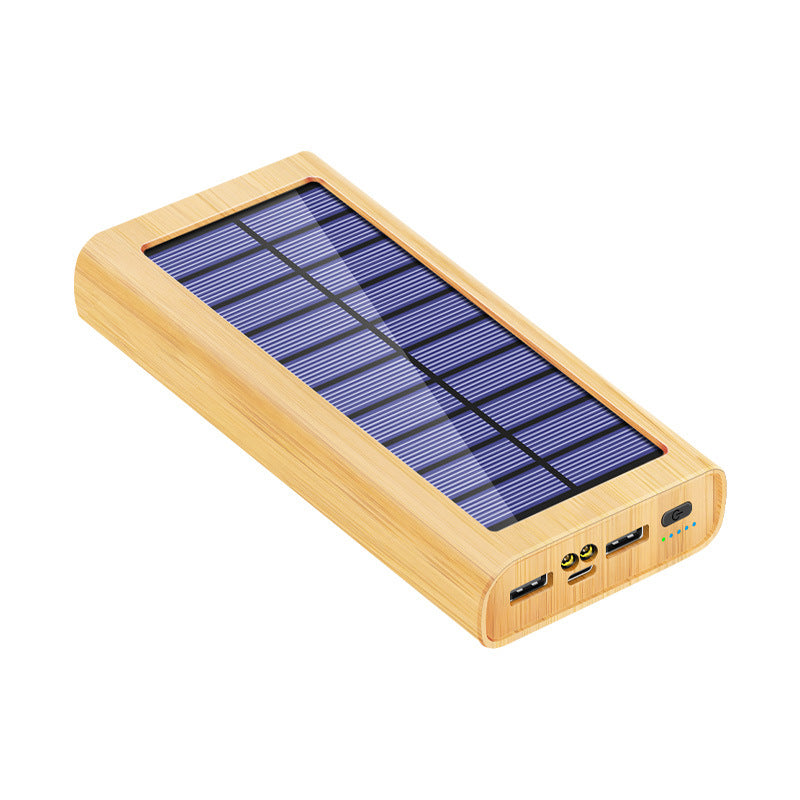 Wood-grain solar power bank angled view, showing solar panel and charging ports