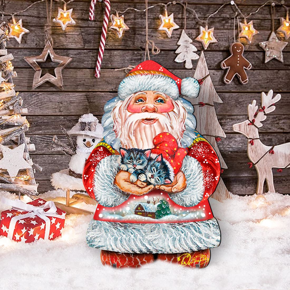 Santa holding a kitten outdoor yard sign with red hat, blue-gray fur trim, snowy base