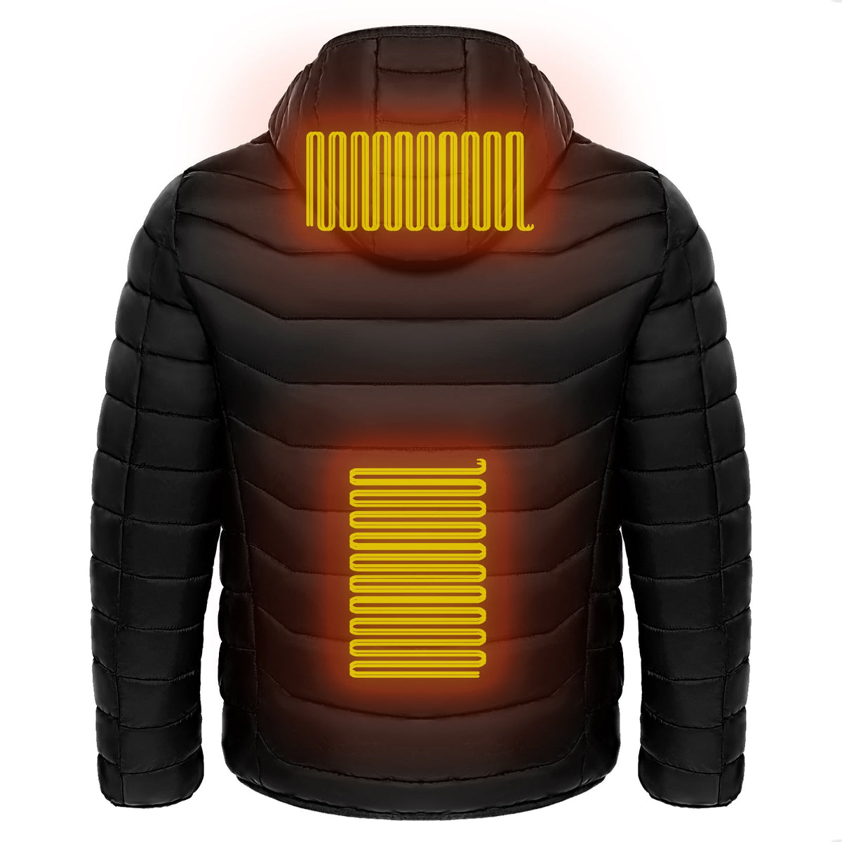 Men heated puffer jacket in black, back view with glowing heating zone lines