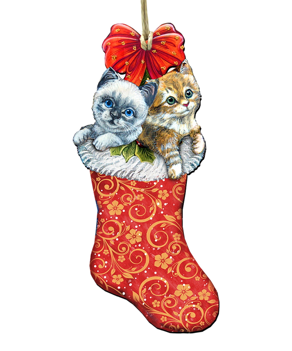 Christmas stocking door decor: two kittens in red stocking with big bow and gold swirls