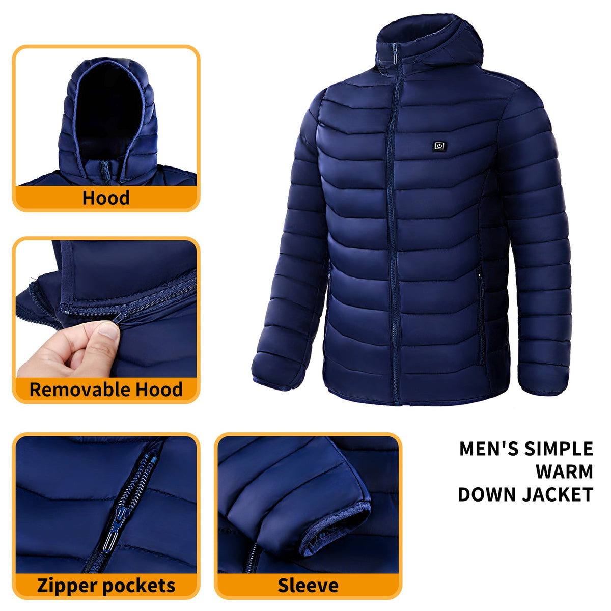 Men heated puffer jacket in navy with removable hood and zipper pockets feature icons