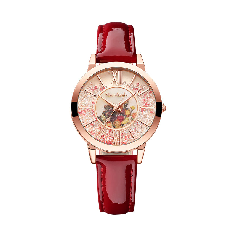 Red leather-strap quartz watch with rose-gold round dial and Roman numerals