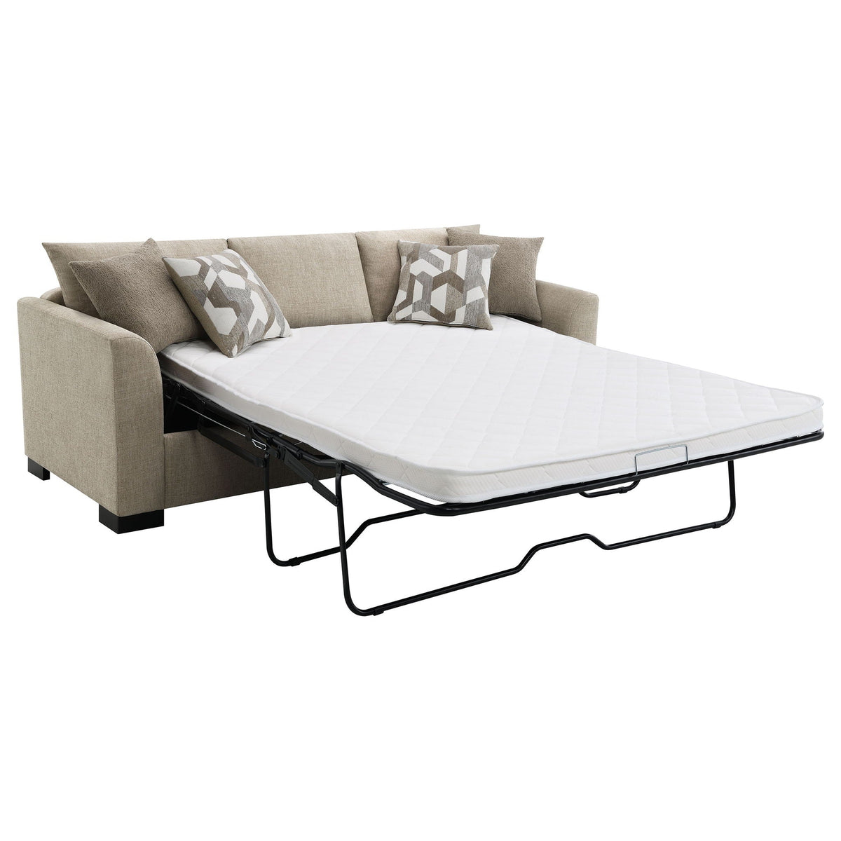 Camel fabric sleeper sectional chaise sofa with white mattress extended and black metal base.