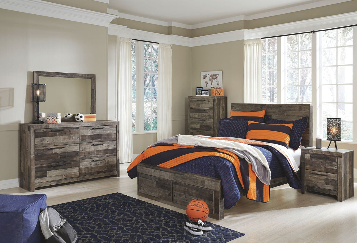 Youth panel bedroom set with gray wood-look bed, dresser with mirror, and two nightstands
