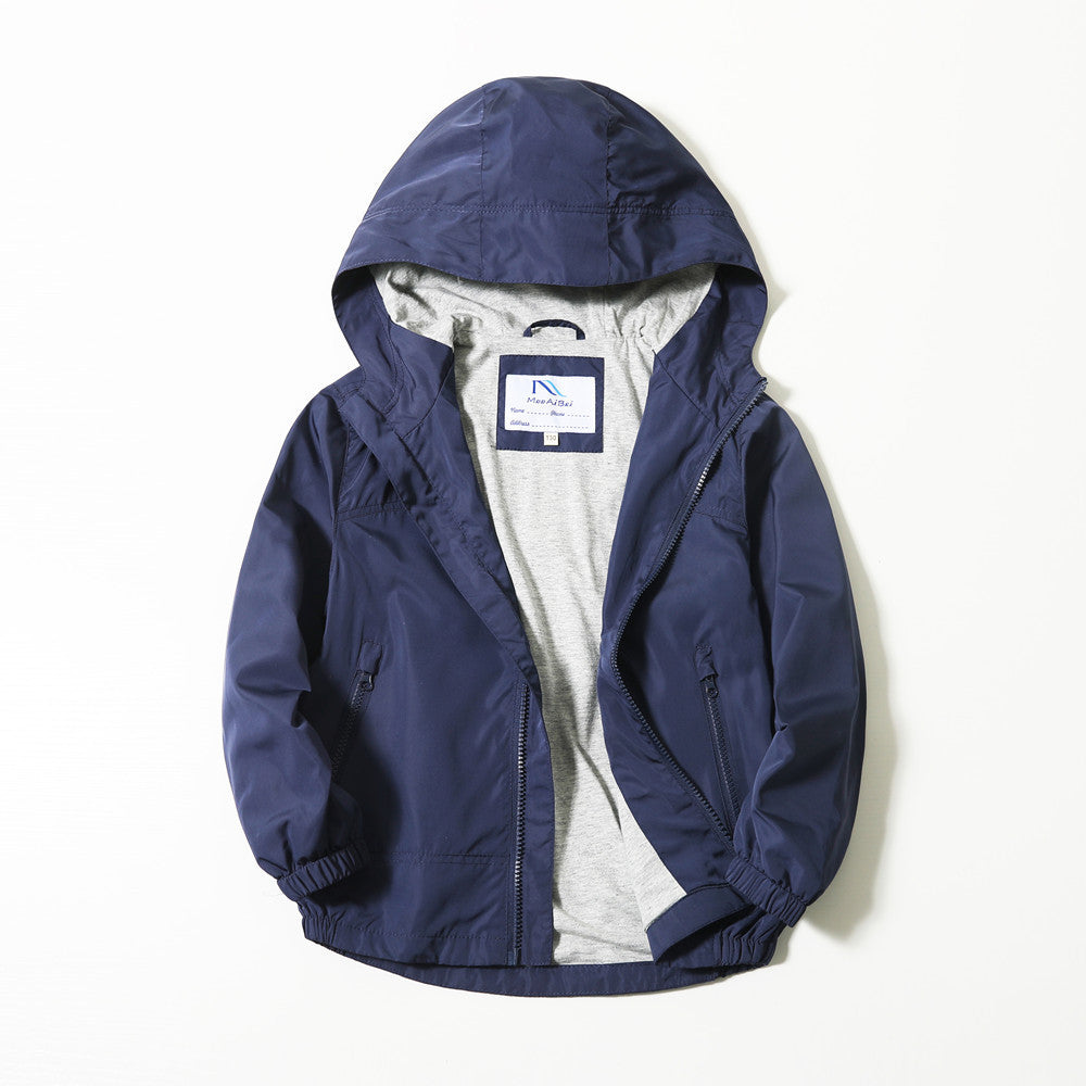 Navy kids hooded jacket with full zipper and elastic cuffs