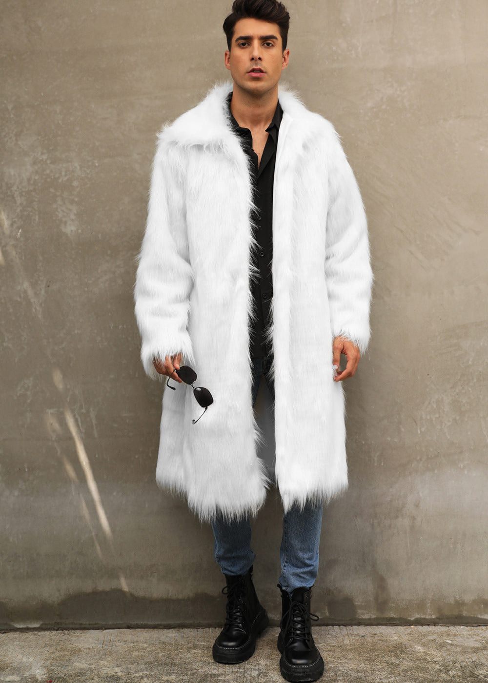 Mens long faux fur coat, white faux fur with open front and notched collar