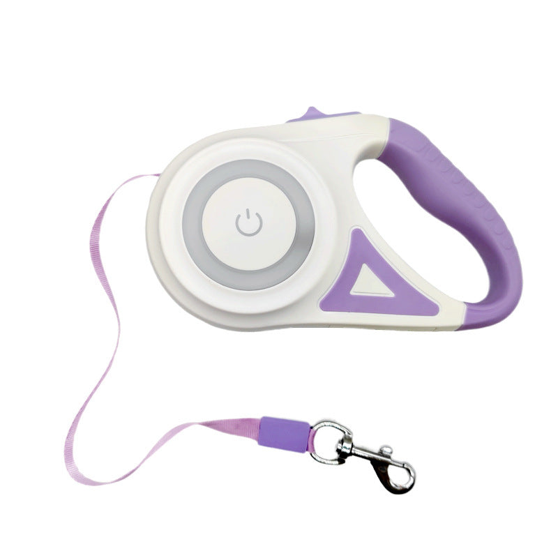 Purple retractable pet leash with strap and metal clasp, extendable traction rope