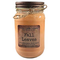 Amber soy jar candle with dark lid and twine, front label reading “Fall Leaves”
