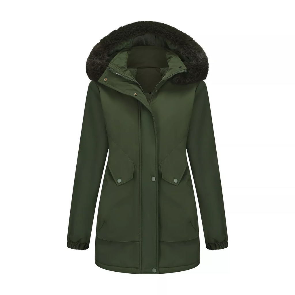 Army green hooded parka front view with faux-fur trim and snap-button chest pockets