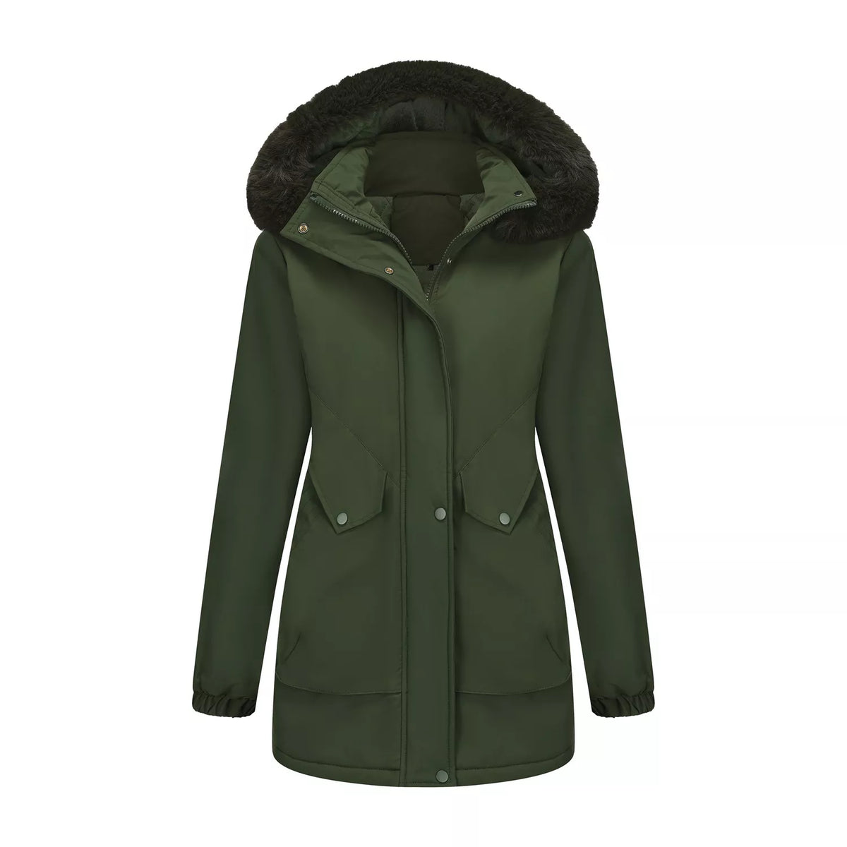 Army green hooded parka front view with faux-fur trim and snap-button chest pockets