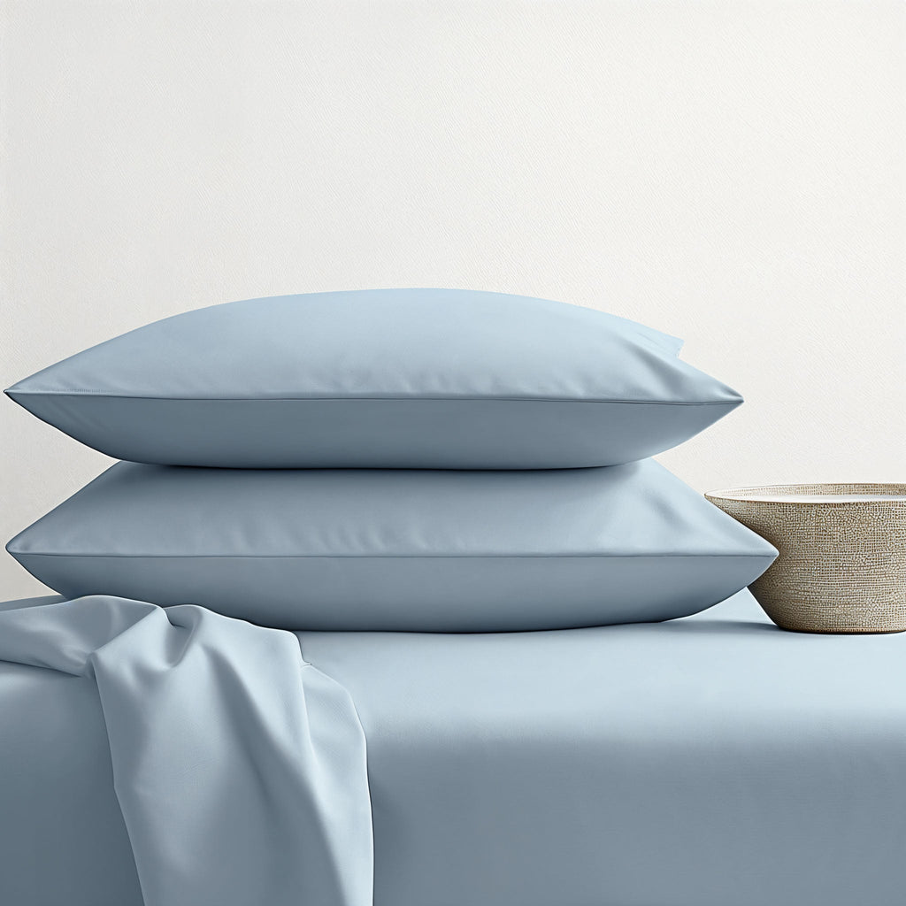 Light blue sateen sheet set with two pillowcases and folded flat bedding