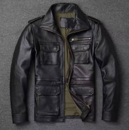Men's black leather work jacket with front zipper, chest pockets, tan inner lining