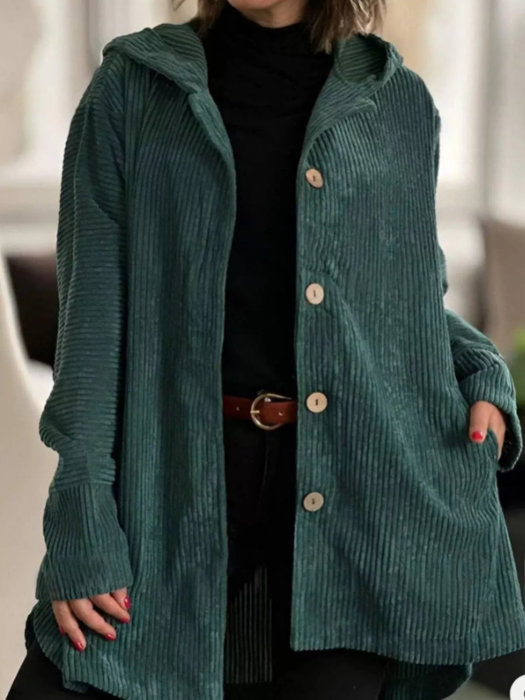 Plus-size corduroy hooded button-up jacket, green, long sleeves, button front