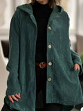 Plus-size corduroy hooded button-up jacket, green, long sleeves, button front