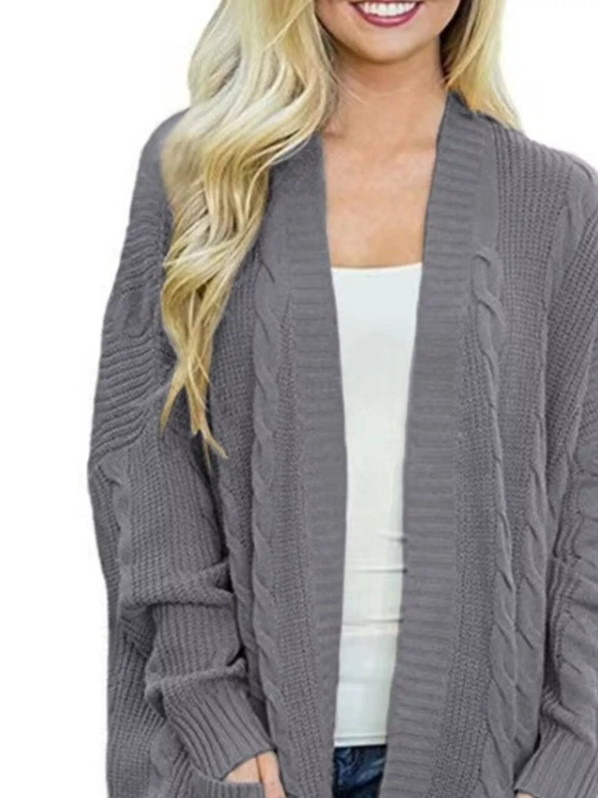 Dark gray chunky knit open-front cardigan front view with textured cable knit