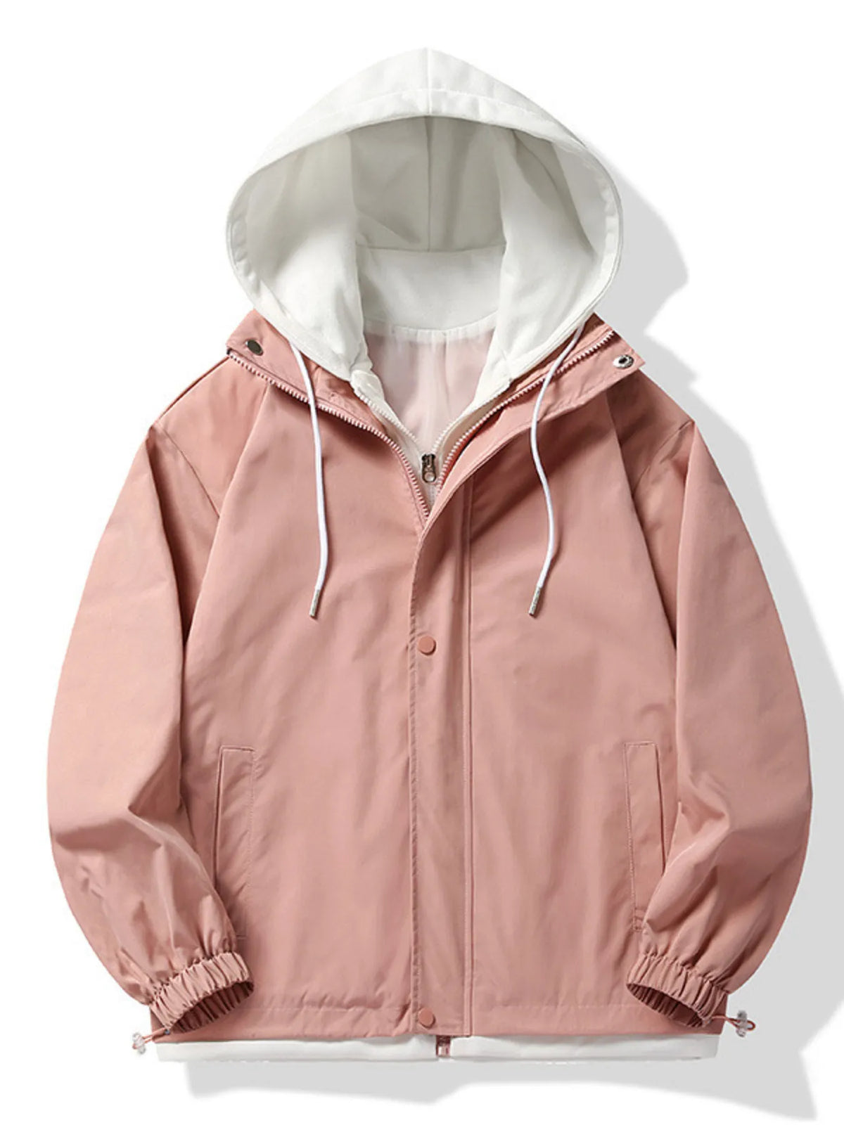 Pink windbreaker jacket with hood and front zipper; blue-tipped drawcords