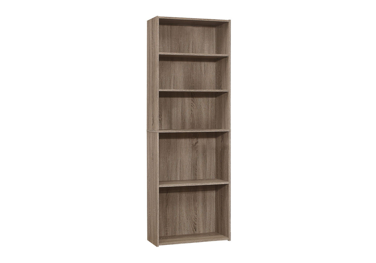 6-tier bookcase with open shelves, light gray-brown wood grain