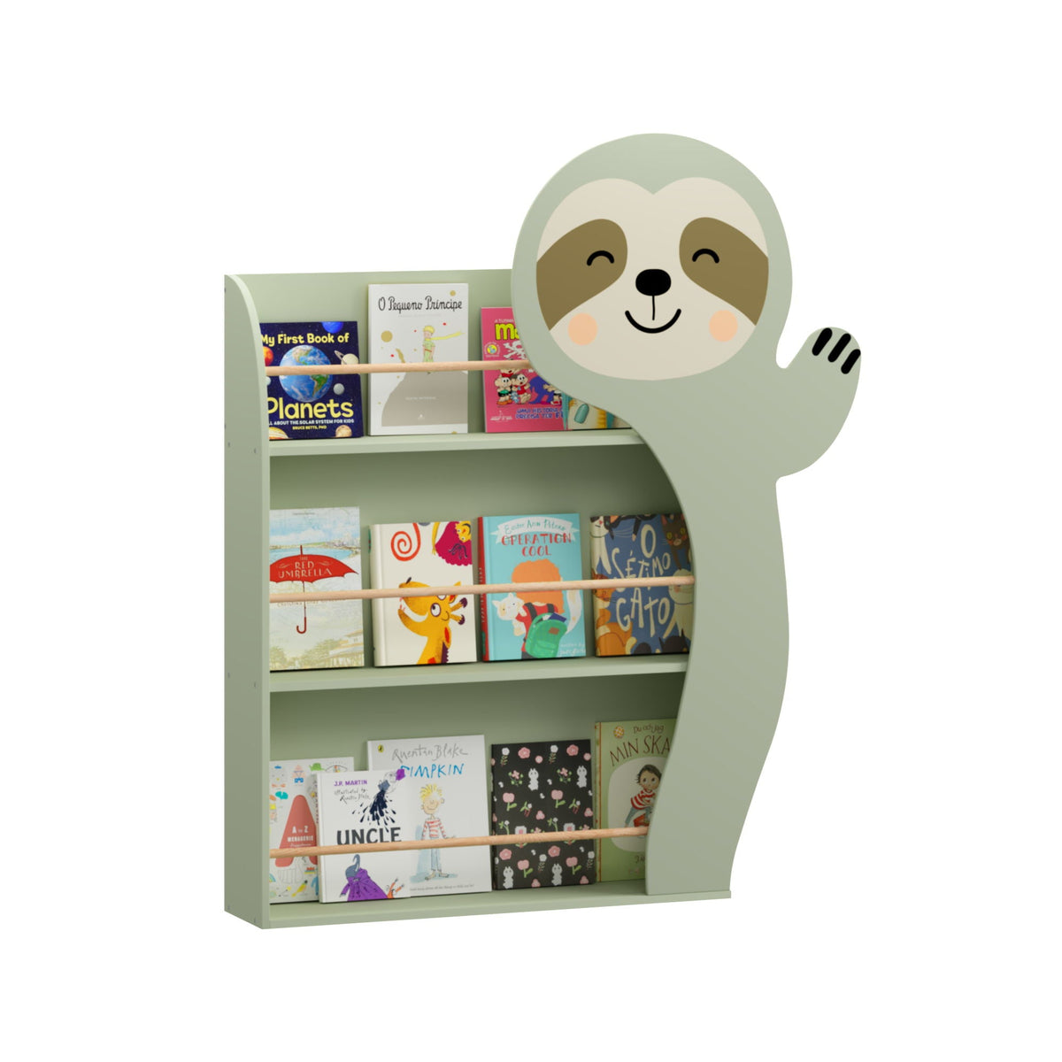 Sage green 3-tier toddler book display rack with sloth character and angled front