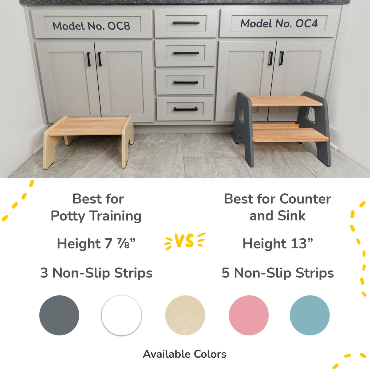 Two-step wooden step stool with cutout side panels and non-slip strips on steps.