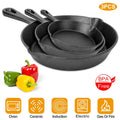Black cast iron skillet set with three nested frying pans and loop handles