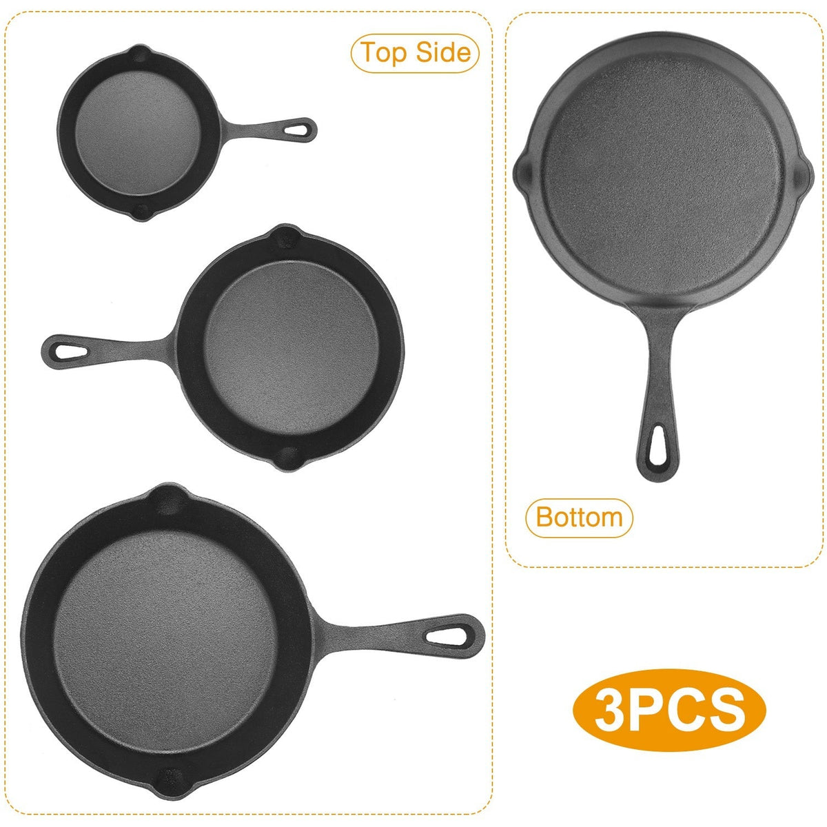 Black cast iron skillets set shown from top and bottom with side handles