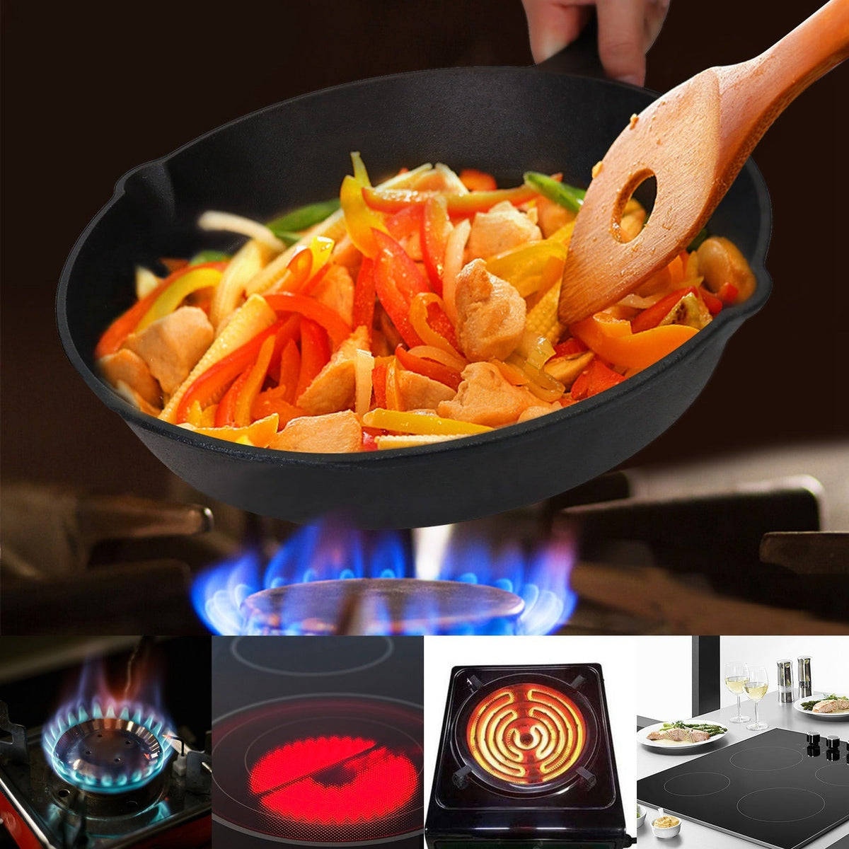 Black cast iron skillet being used to stir carrots and onions over a flame