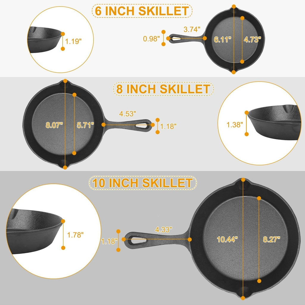 Black cast iron skillet sizes 6, 8, and 10 inches with measurement markers