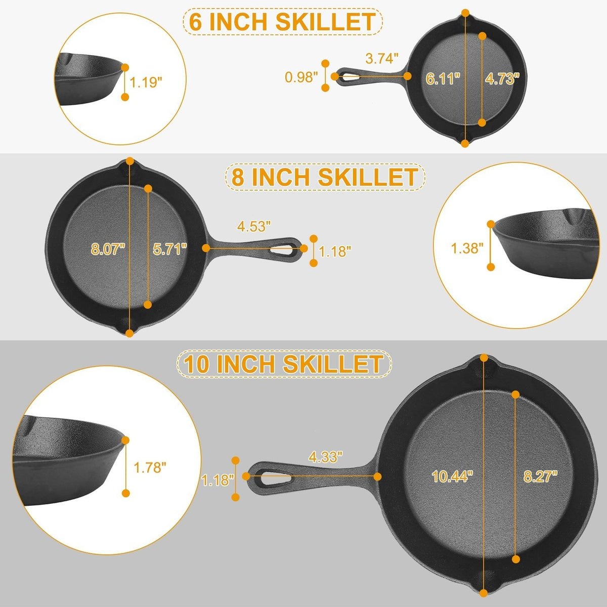 Black cast iron skillet sizes 6, 8, and 10 inches with measurement markers