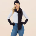 Black knit beanie, matching scarf, and gloves set for winter wear