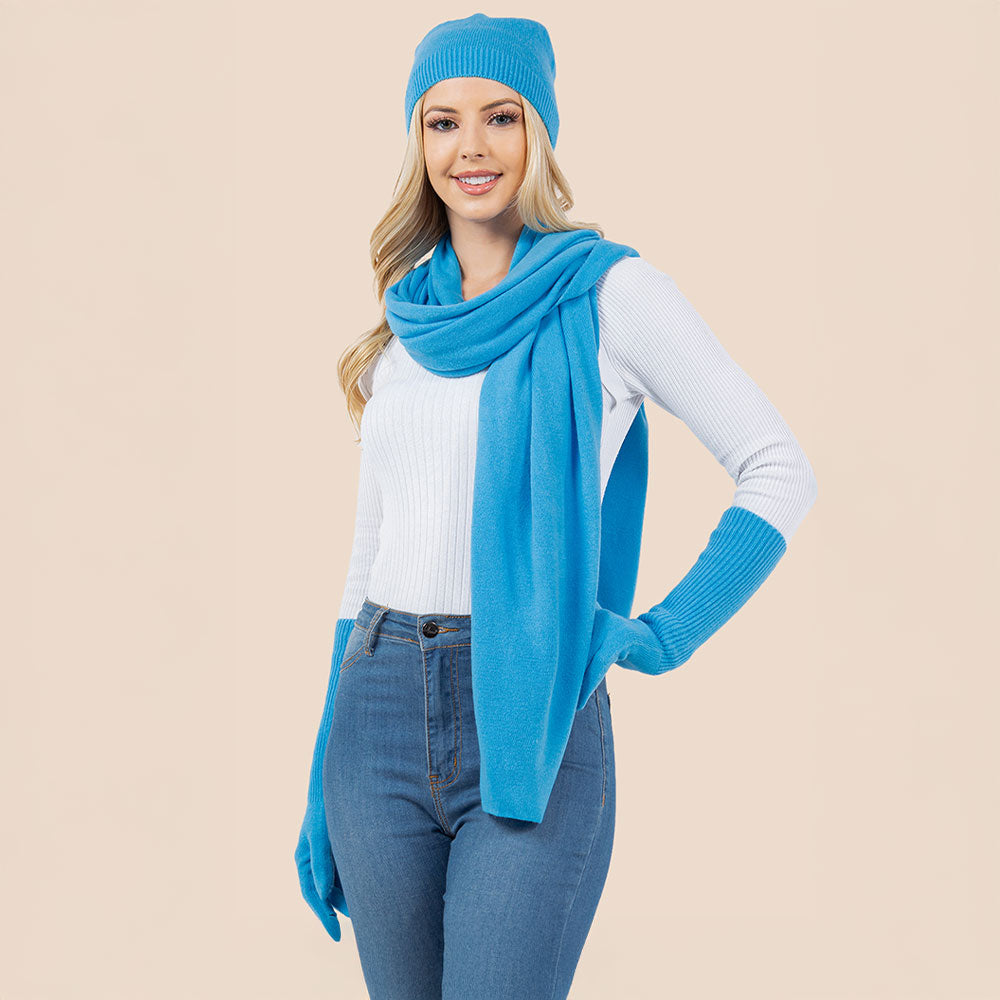 Blue knit beanie, oversized scarf, and gloves set with ribbed cuffs