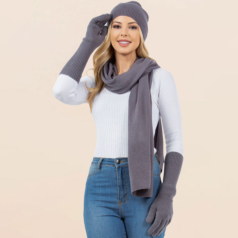 Dark gray knit beanie, scarf, and gloves set with ribbed cuffs