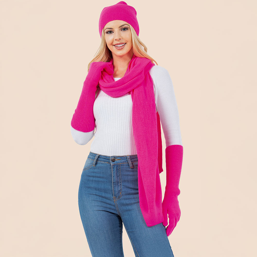 Fuchsia knit beanie, long scarf, and gloves set with ribbed cuffs