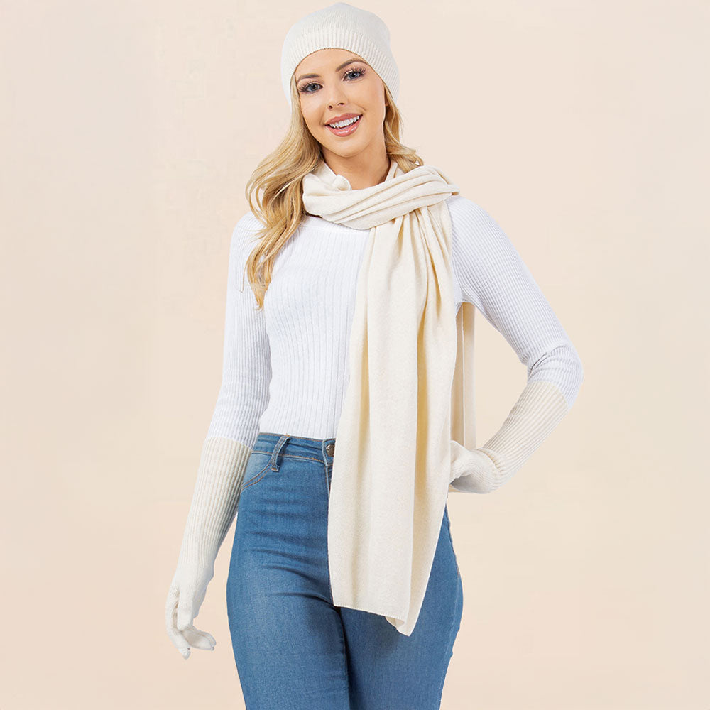 Ivory knit beanie, long scarf, and gloves set with ribbed cuffs