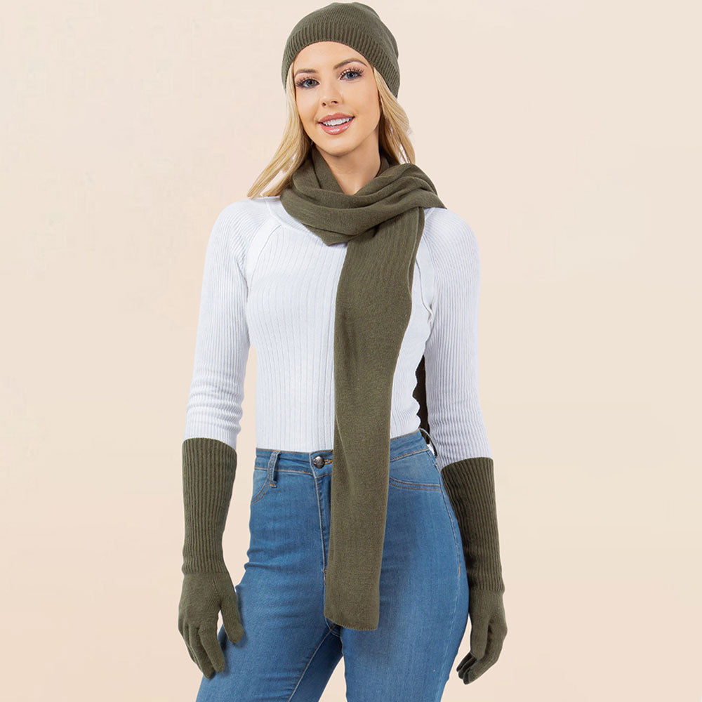 Olive green knit beanie, matching scarf, and gloves set for winter wear