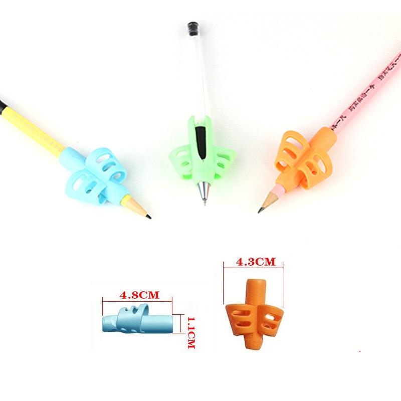 3-pack pen grips with yellow, light blue, and orange holders; sizing diagram shown