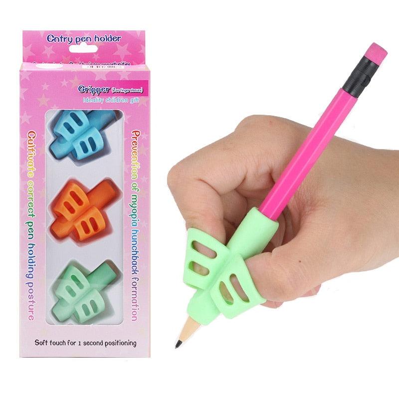 3-pack soft silica pen grips in blue, orange, and green triangular finger holder design