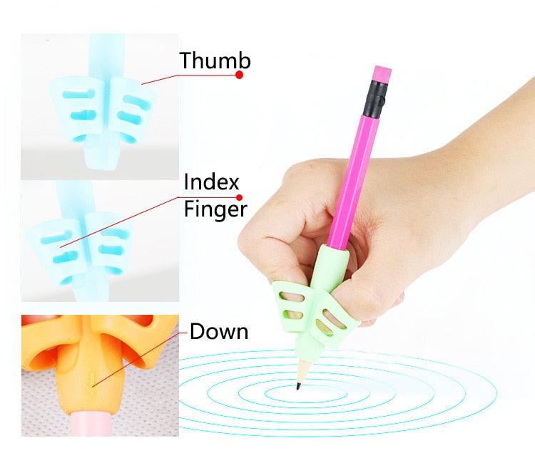 Triangular pen grip training: mint green grip with blue, orange grip pieces