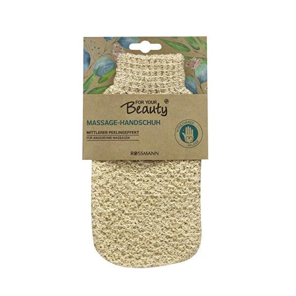 Beige exfoliating massage bath mitt, textured scrub mesh