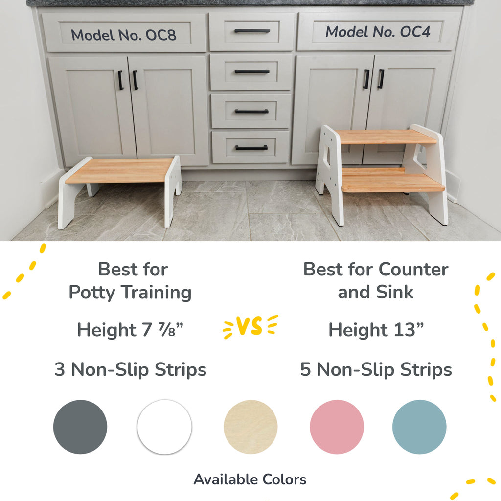 Two kids wooden step stools, shorter and taller styles with non-slip strip feet