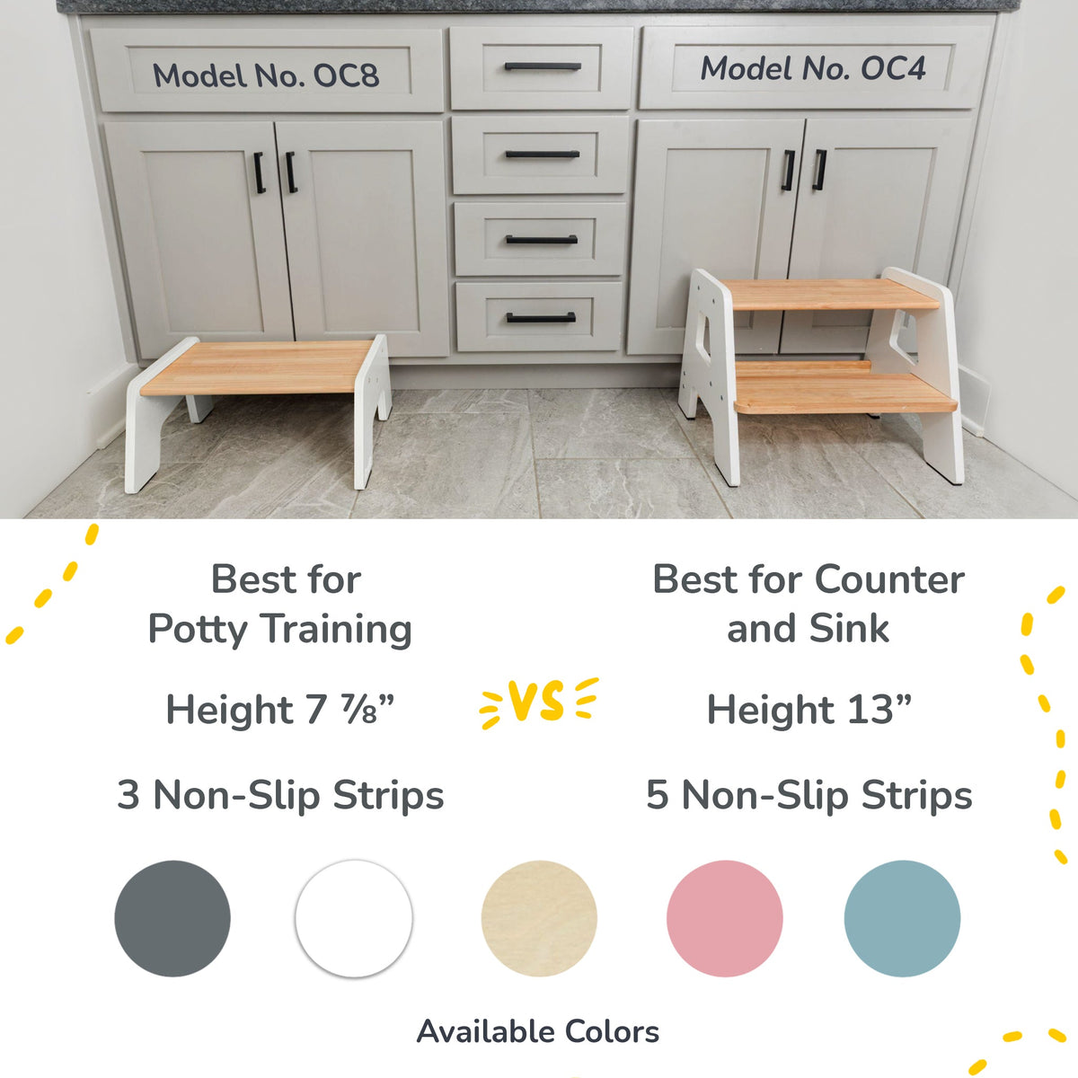 Two kids wooden step stools, shorter and taller styles with non-slip strip feet