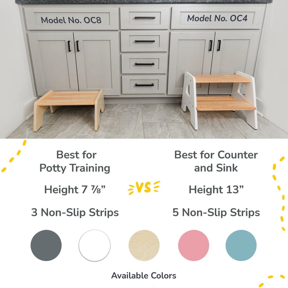 Two-step wooden step stool with cutout side panels and non-slip strips on steps.